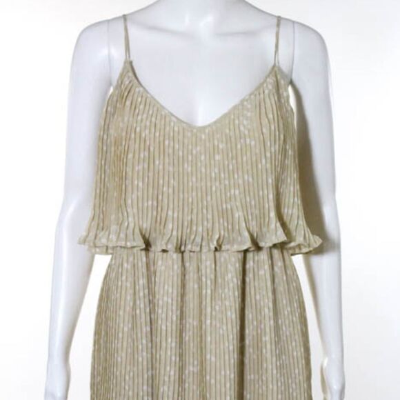 Central Park West Tan Pleated Polka Dot Dress M - Picture 1 of 7